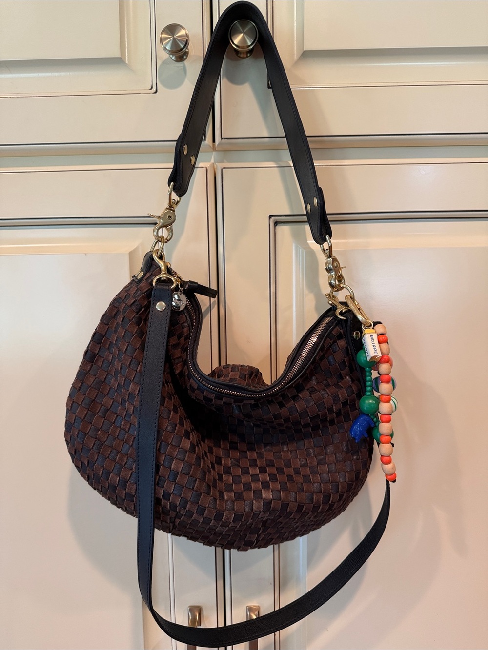 Clare V Dark Brown Woven Crescent Hobo with Colorful Bead Charm